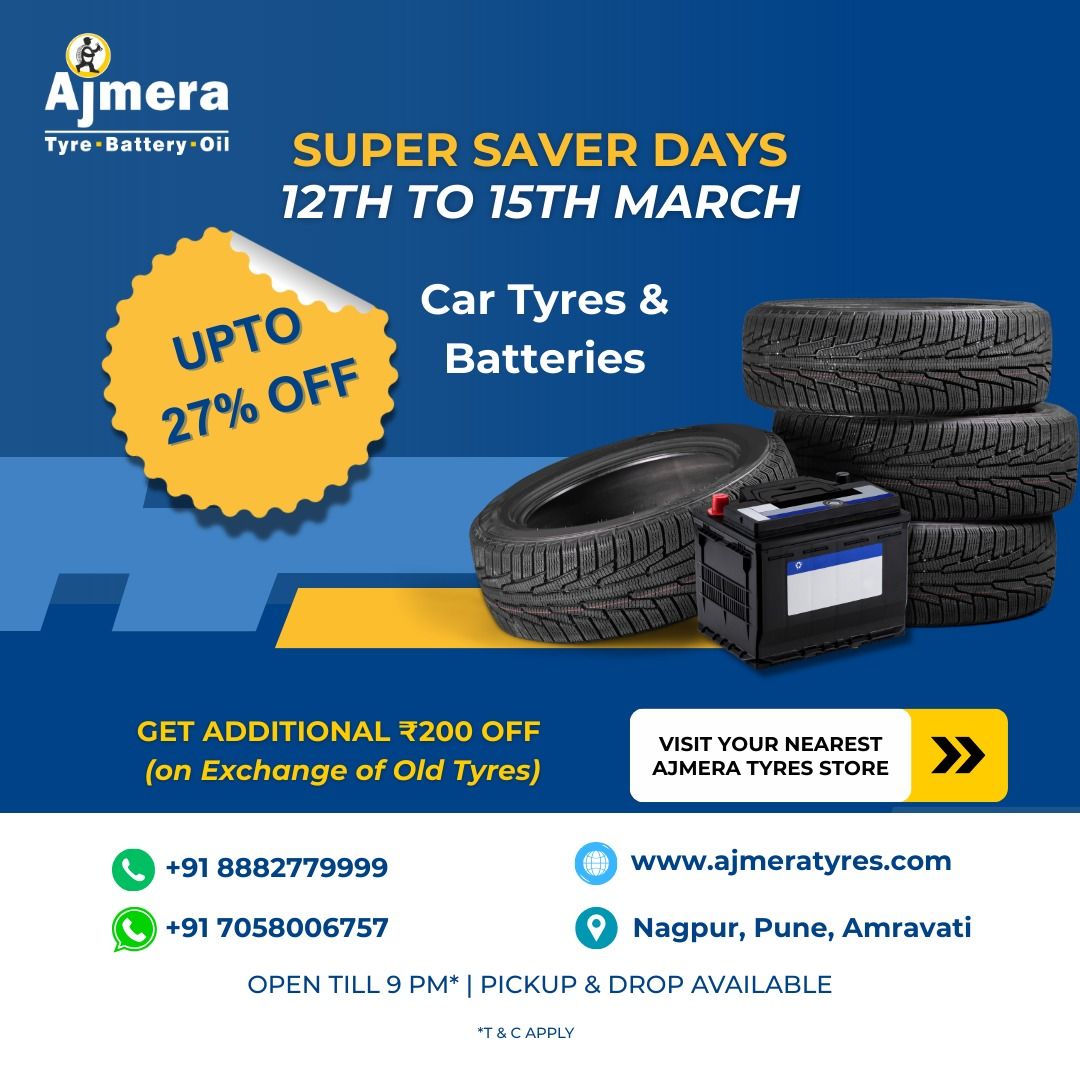 Super Saver Days 12–15 March: up to 27% off car tyres and batteries, plus ₹200 exchange offer
