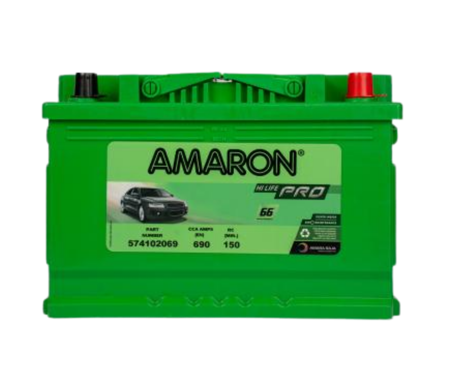Amaron Pro 4 wheeler car battery 66Ah green casing with red and black terminals
