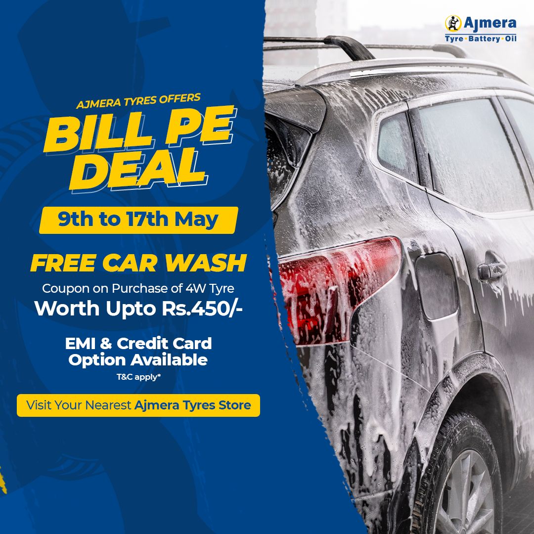 Car wash offer May 9-17: 2 free washes with 4W tyre purchase up to Rs.450, EMI/CC
