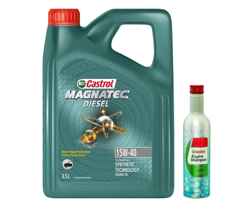 Castrol MAGNATEC Diesel 15W-40 engine oil 3.5L container with engine shampoo bottle