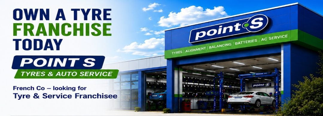 Advertisement for POINT S Tyres & Auto Service franchise with store exterior and contact information.
